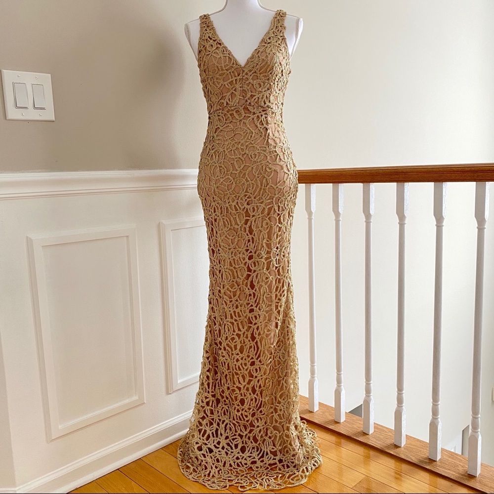 Champagne Gold Lace Cocktail Formal Long Dress